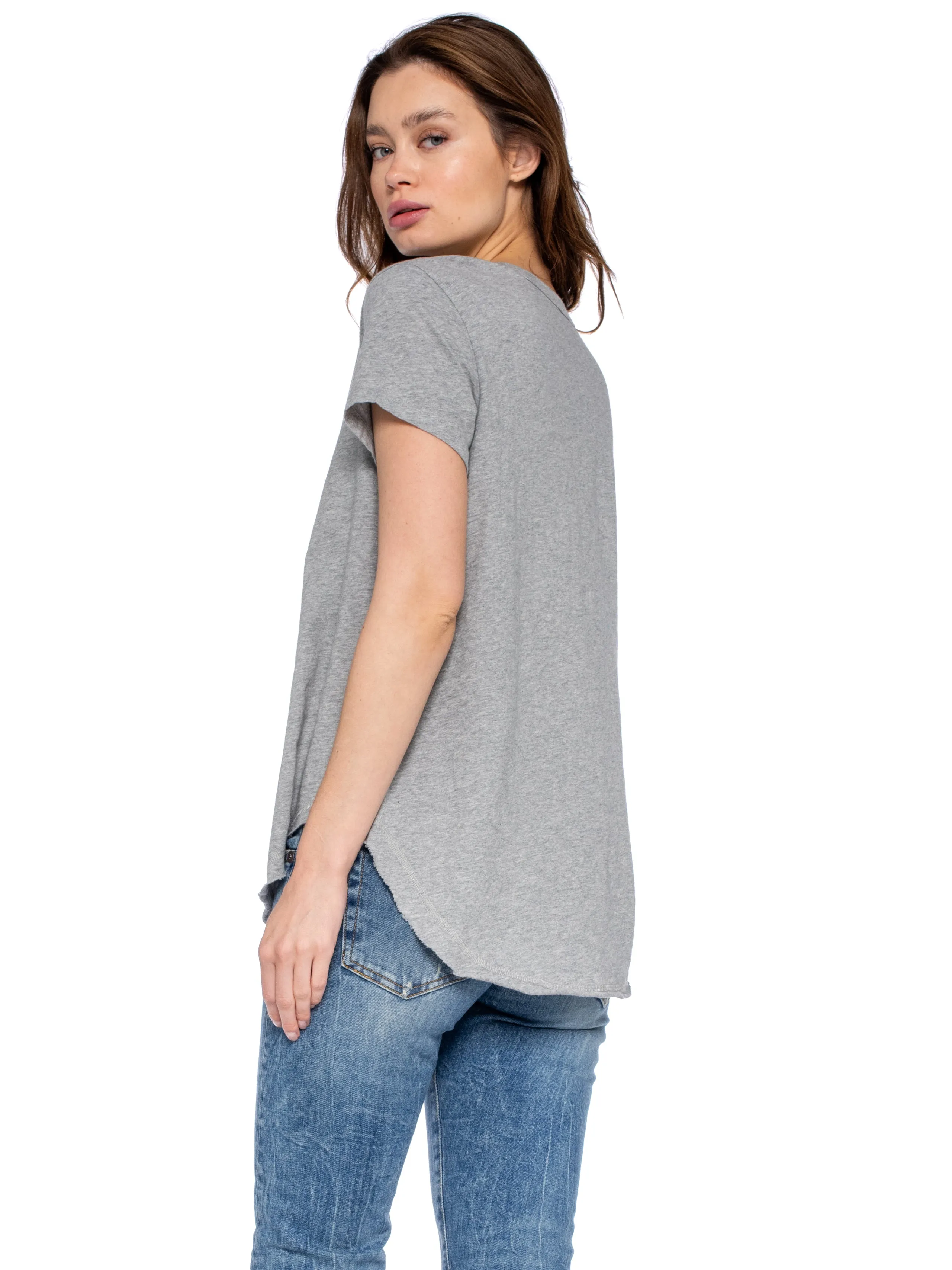 Short Sleeve Shrunken V-Neck Shirttail Top w/Raw Hem