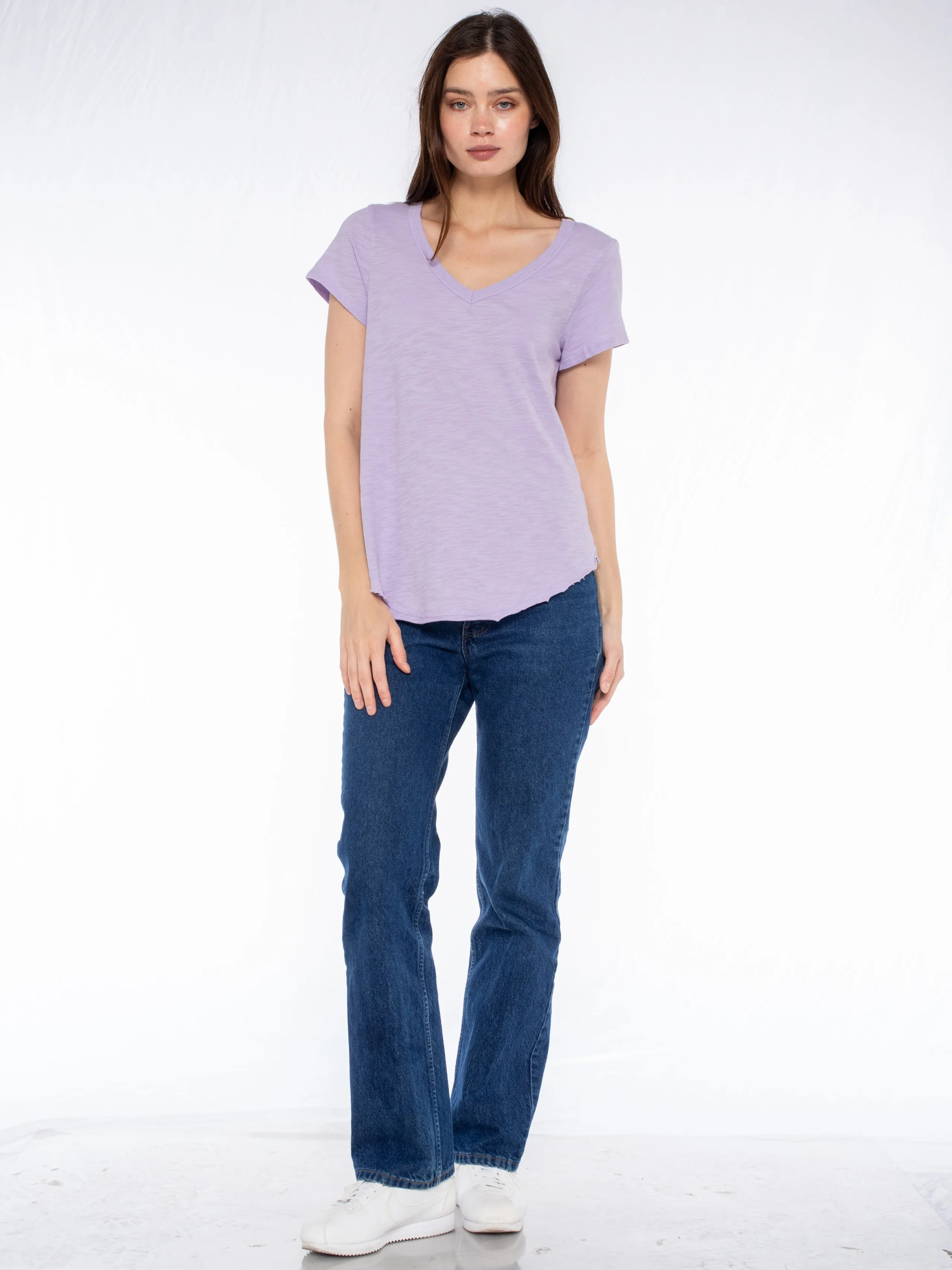 Short Sleeve Shrunken V-Neck Shirttail Top w/Raw Hem