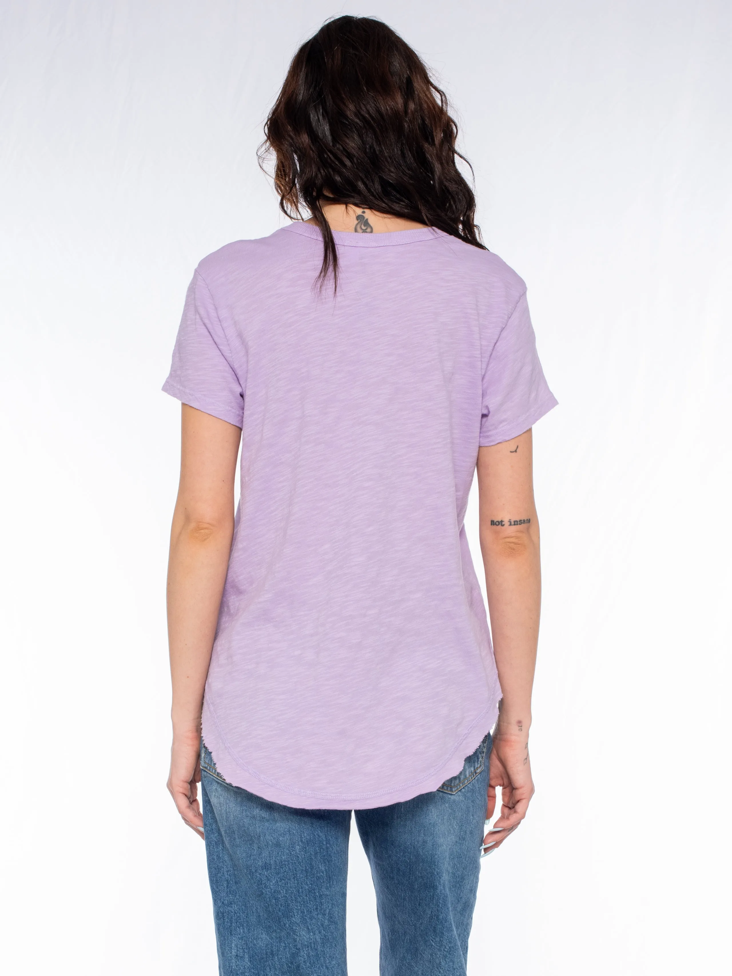 Short Sleeve Shrunken V-Neck Shirttail Top w/Raw Hem
