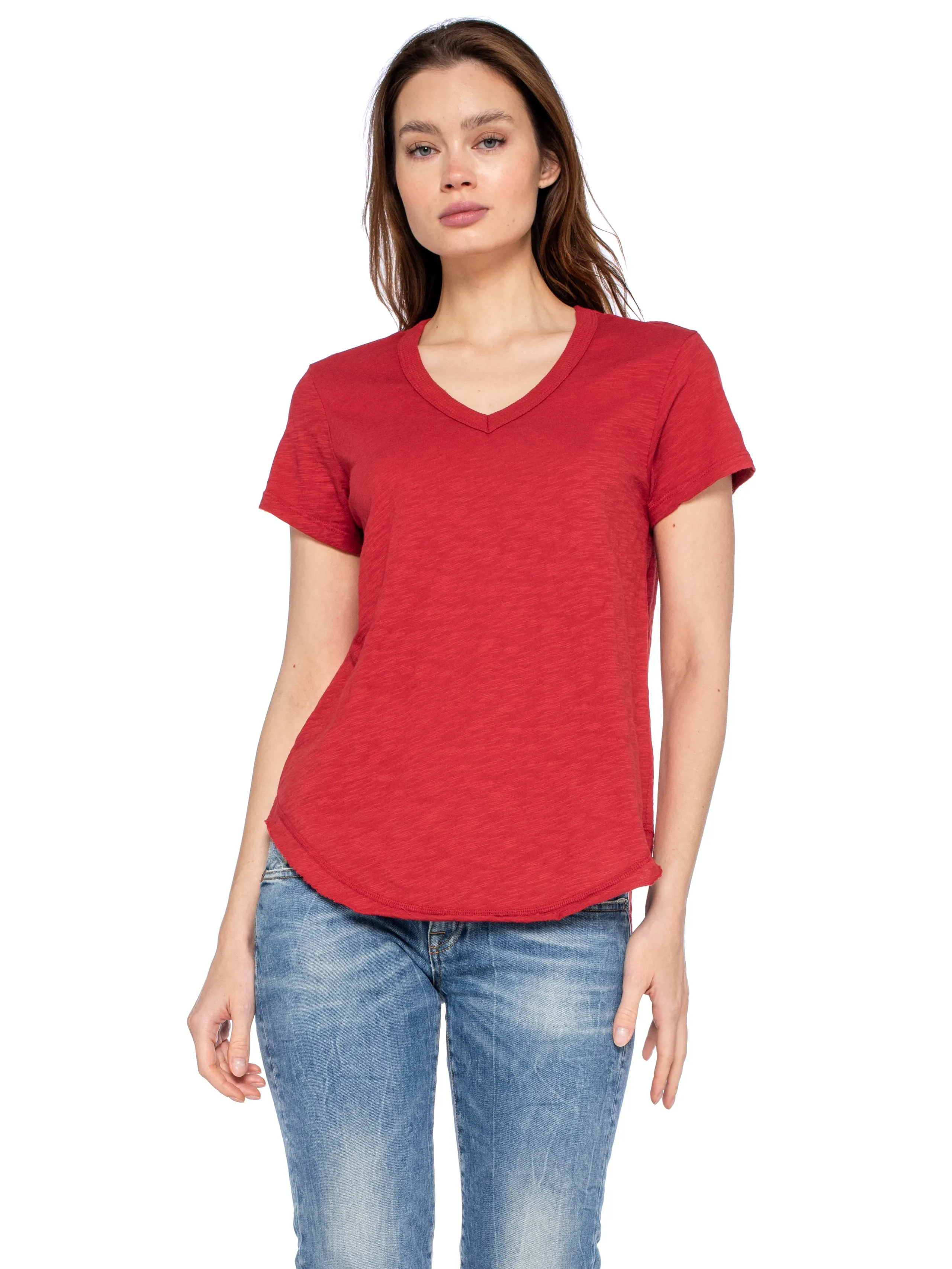 Short Sleeve Shrunken V-Neck Shirttail Top w/Raw Hem