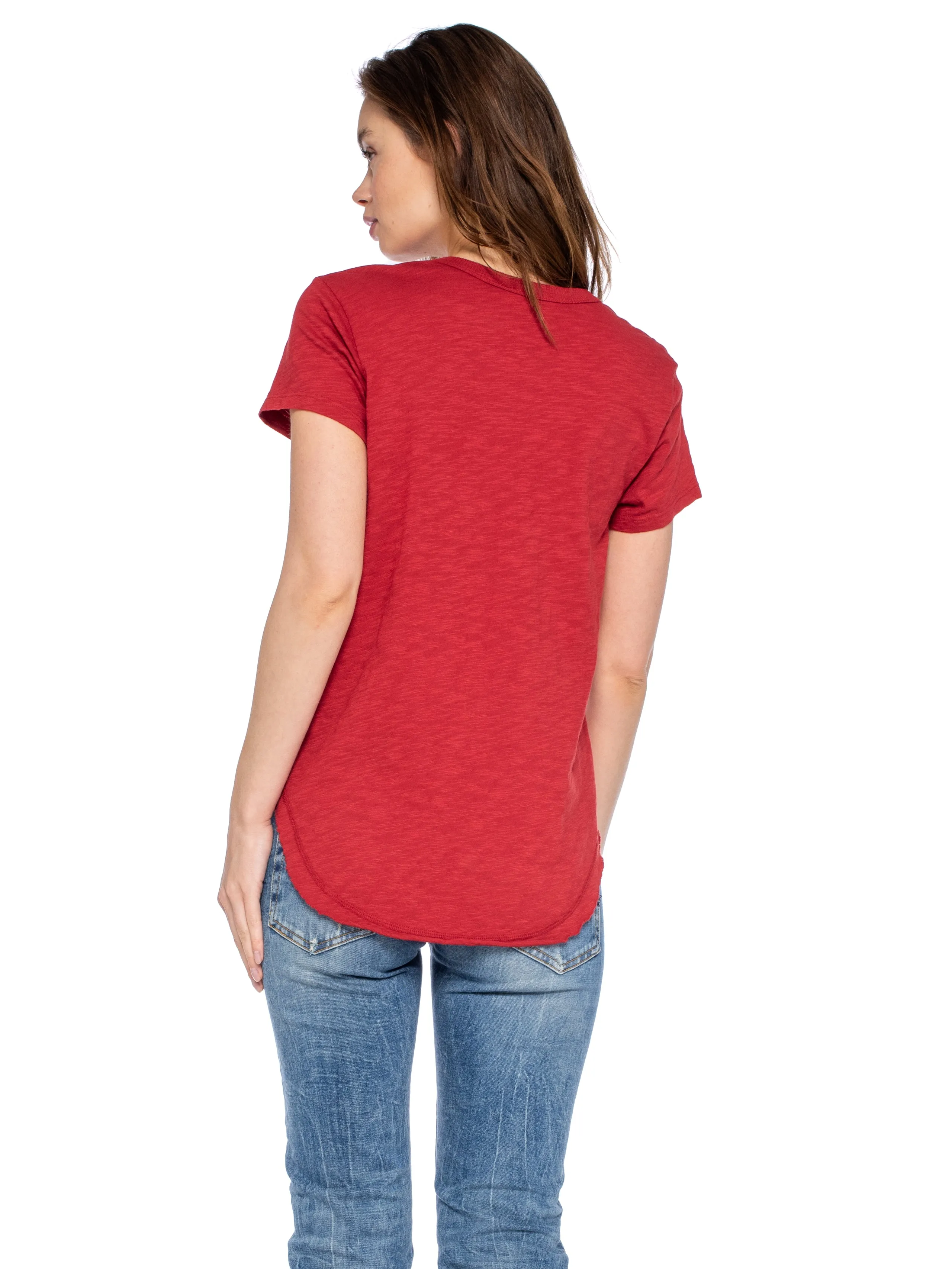Short Sleeve Shrunken V-Neck Shirttail Top w/Raw Hem