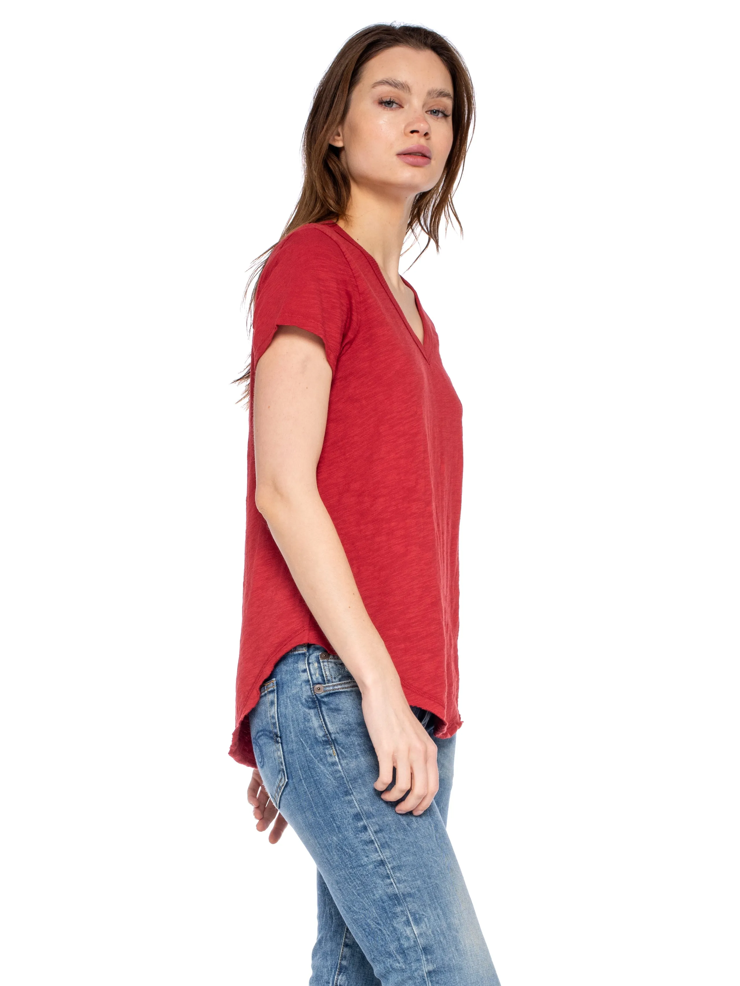 Short Sleeve Shrunken V-Neck Shirttail Top w/Raw Hem