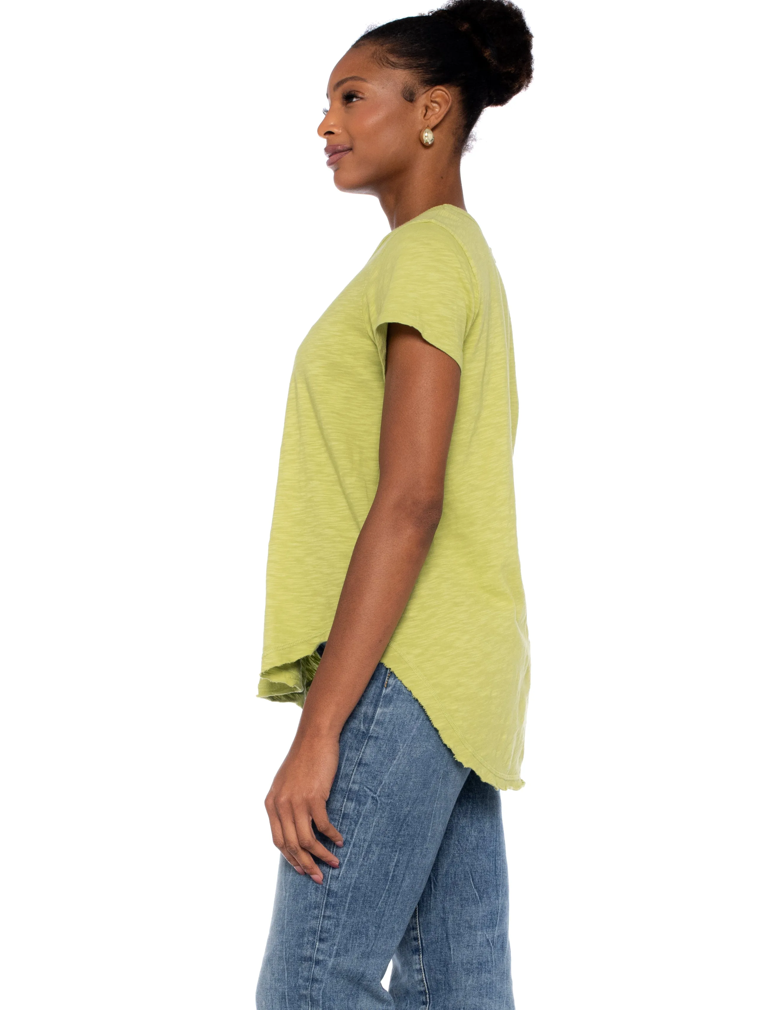 Short Sleeve Shrunken V-Neck Shirttail Top w/Raw Hem