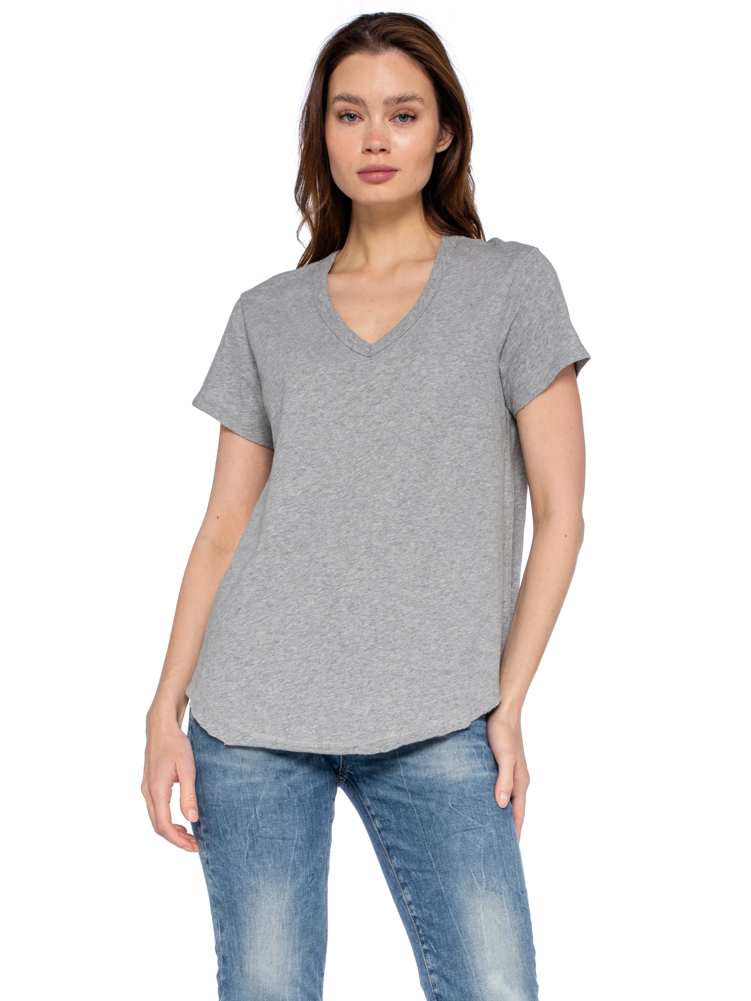 Short Sleeve Shrunken V-Neck Shirttail Top w/Raw Hem