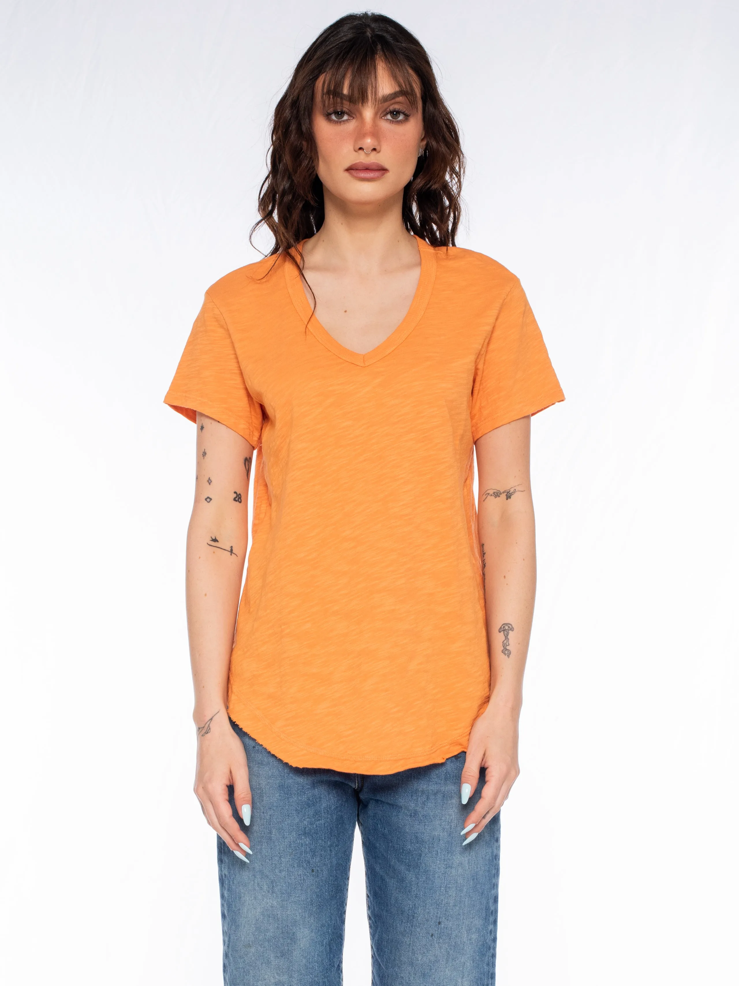 Short Sleeve Shrunken V-Neck Shirttail Top w/Raw Hem