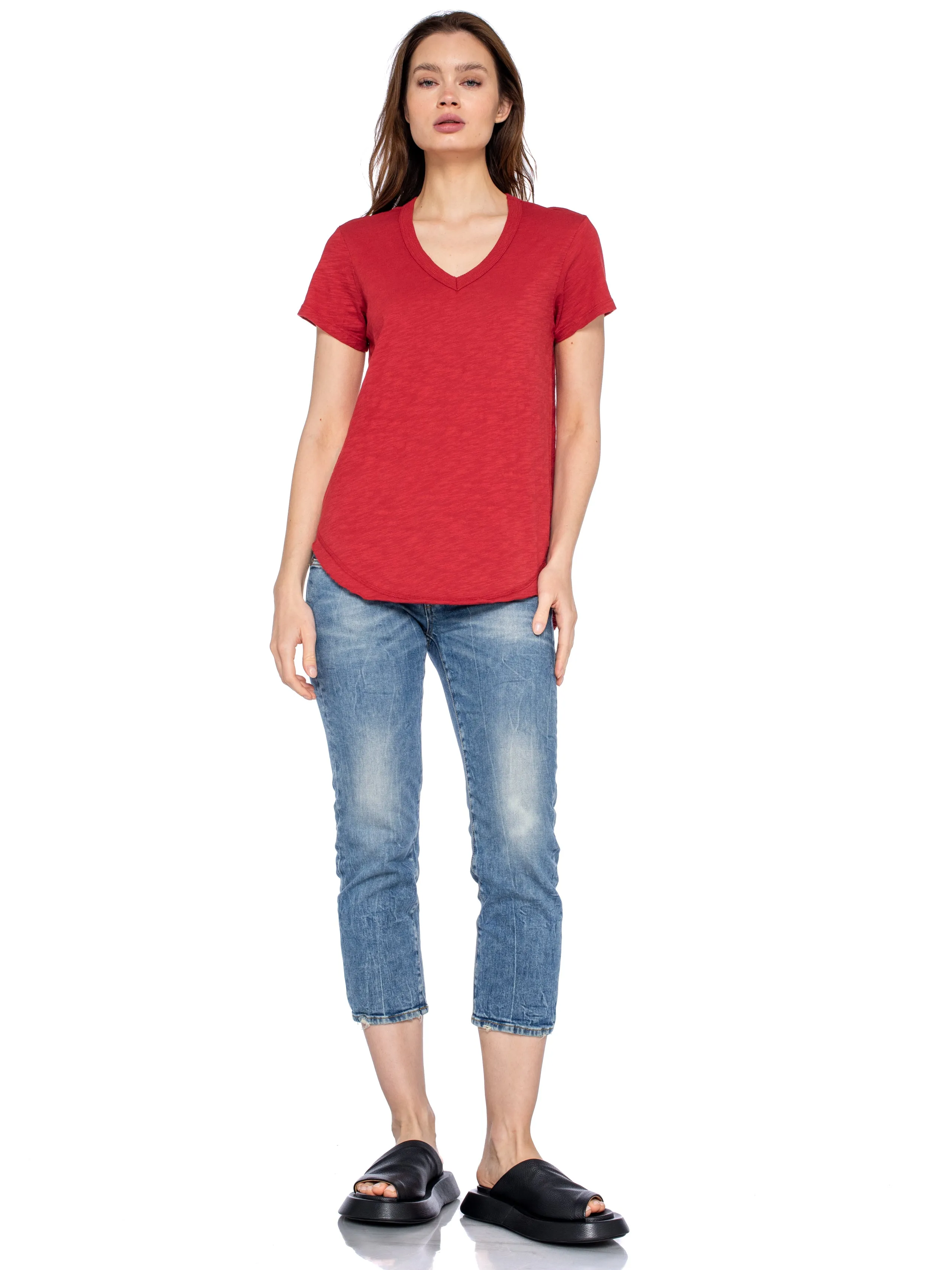 Short Sleeve Shrunken V-Neck Shirttail Top w/Raw Hem
