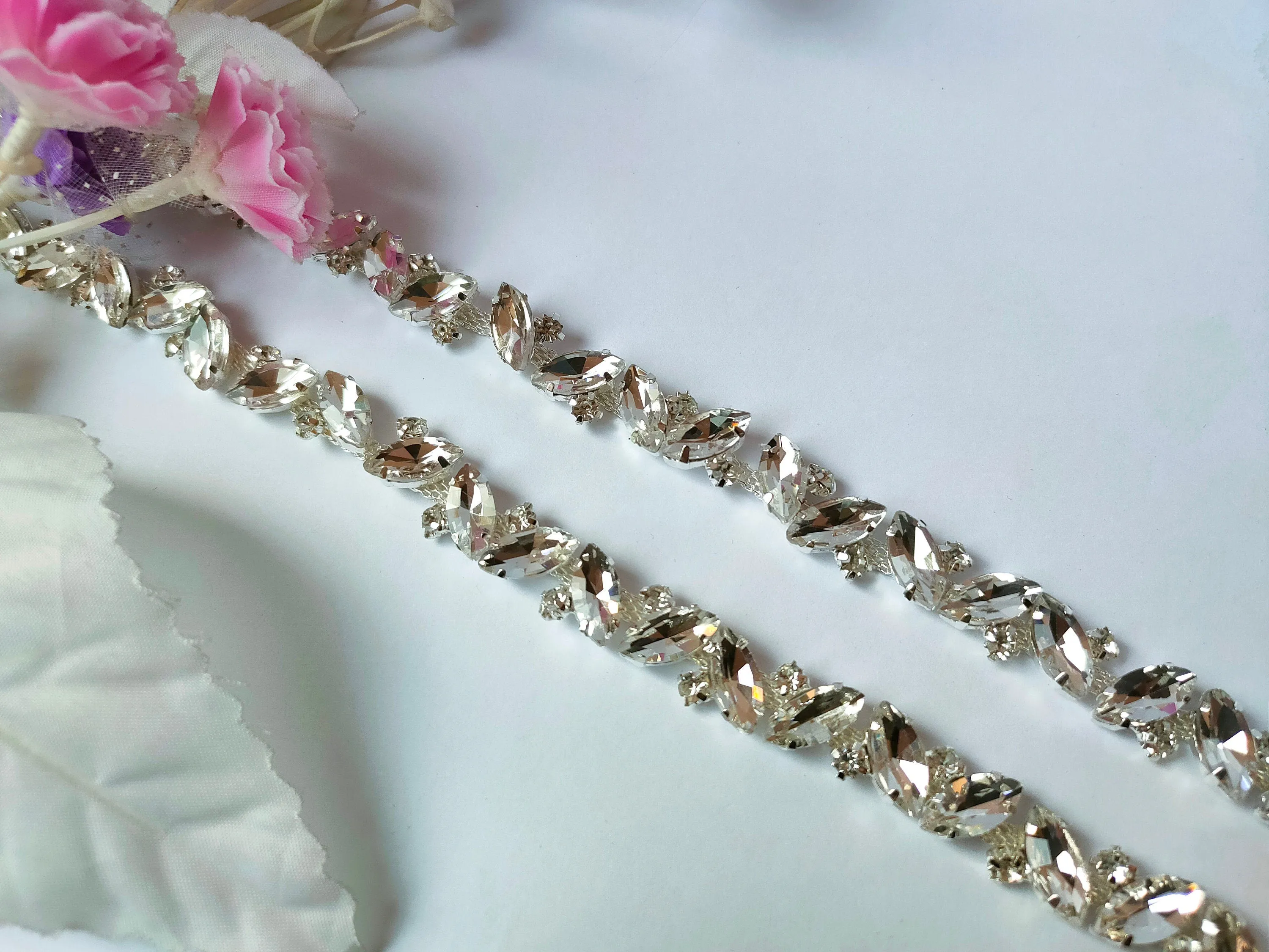 Silver Crystal Luxury Rhinestone Narrow Stonework Trim - 1 Yard
