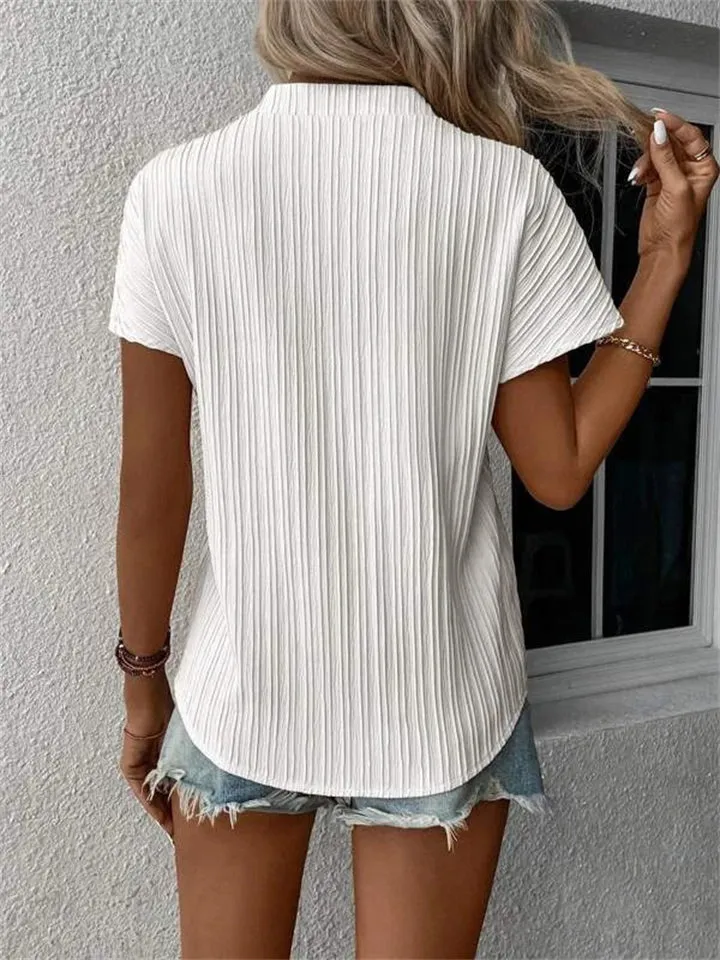 Simple Vertical Stripe V Neck Short Sleeve Shirt for Women