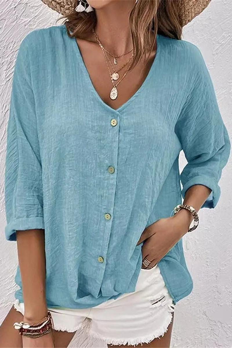 Simplicity Solid Buttons V Neck Tops