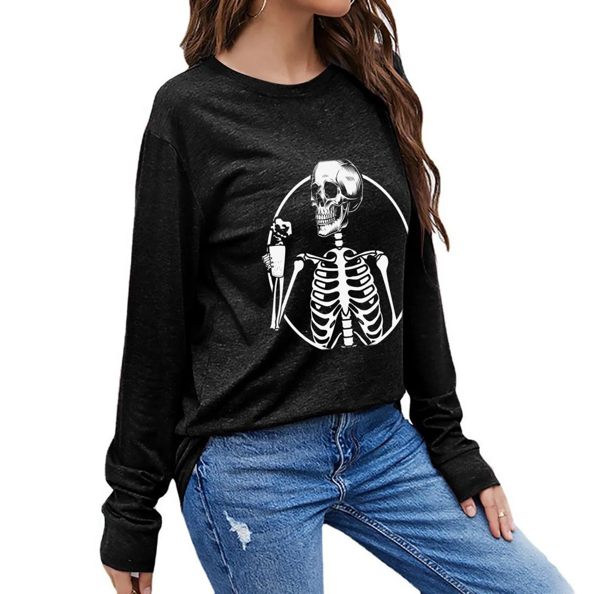 Skeleton Drinking Coffee Women's Long Sleeve T-Shirt