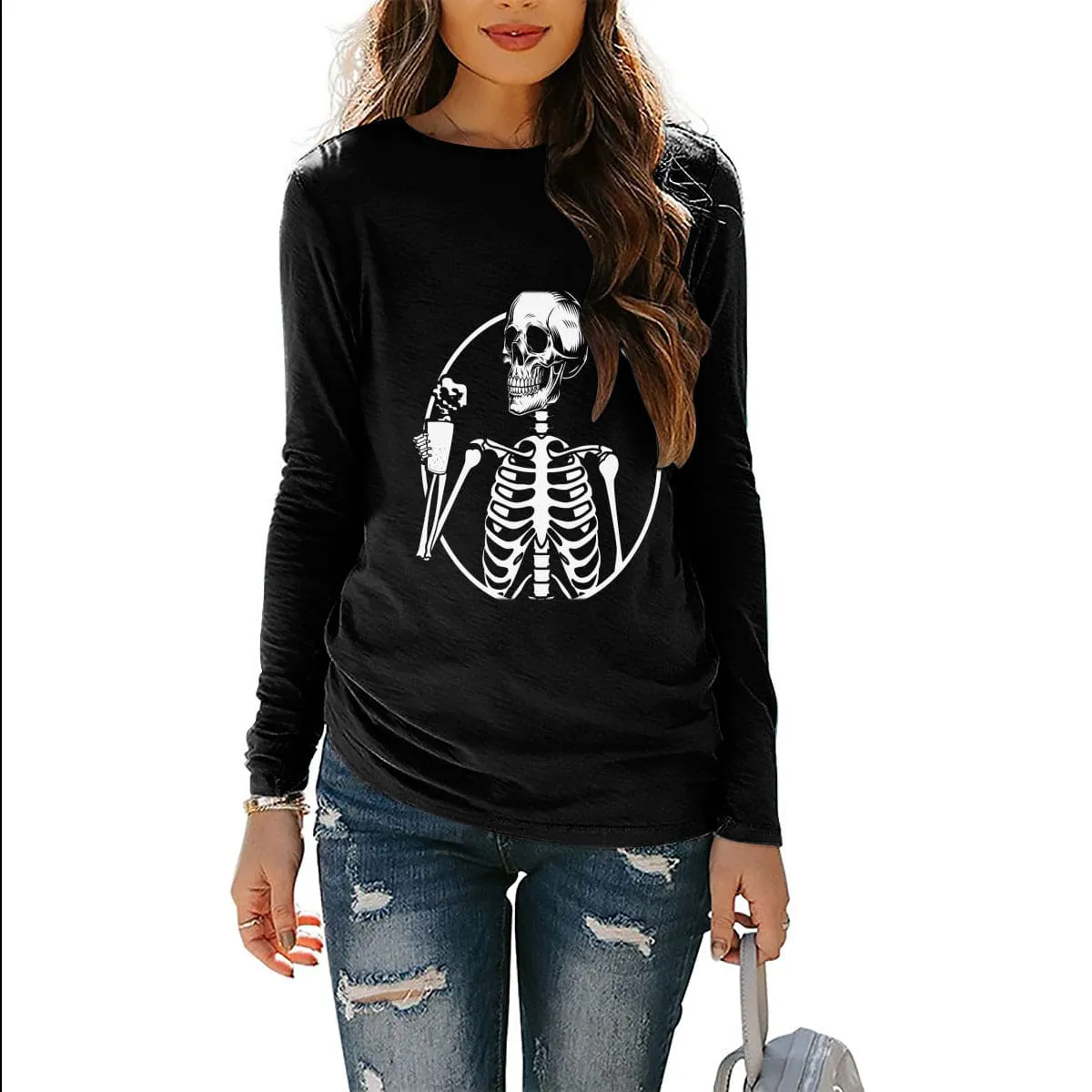 Skeleton Drinking Coffee Women's Long Sleeve T-Shirt