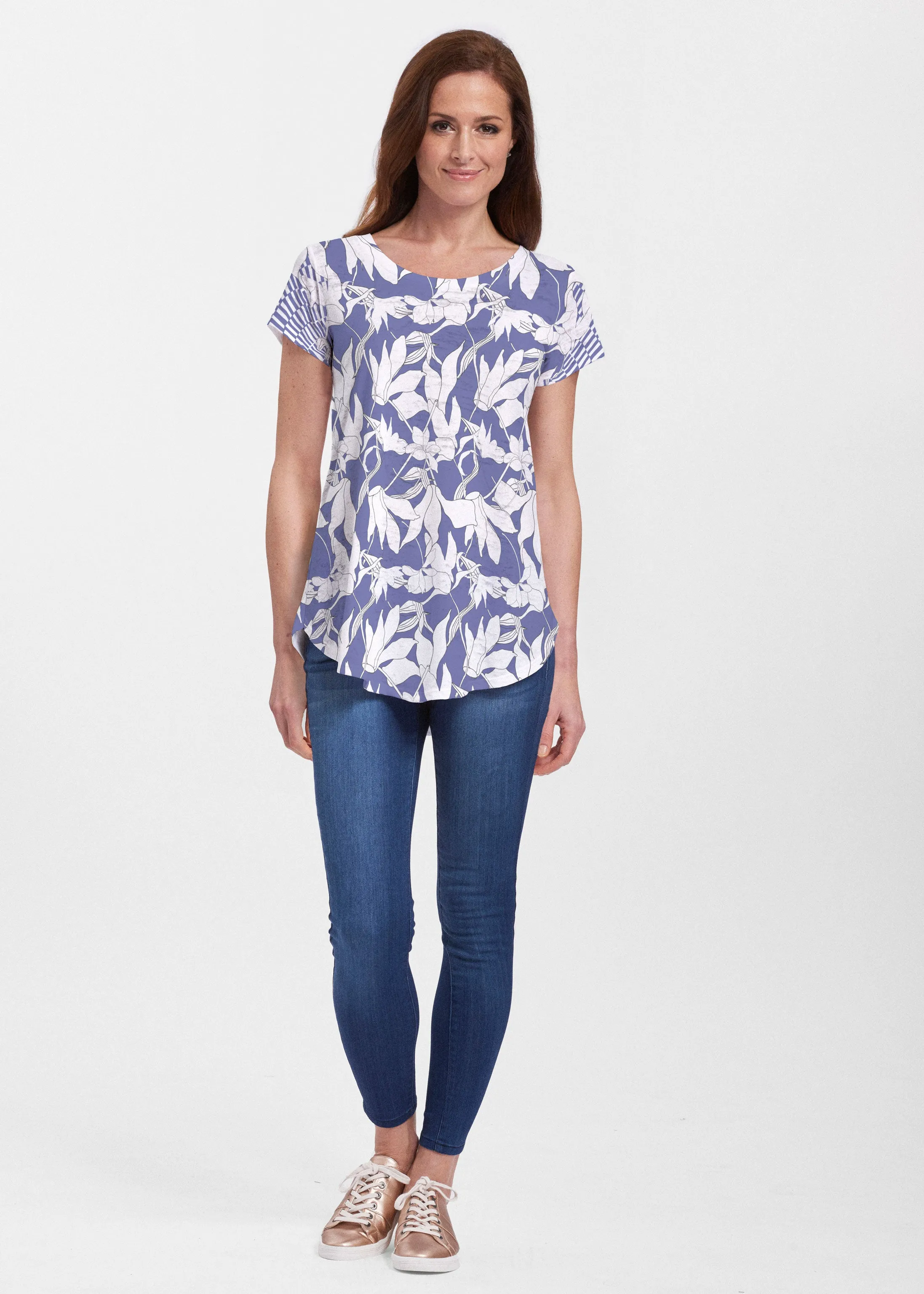 Sketch Floral Dominos (7814) ~ Signature Short Sleeve Scoop Neck Flowy Tunic