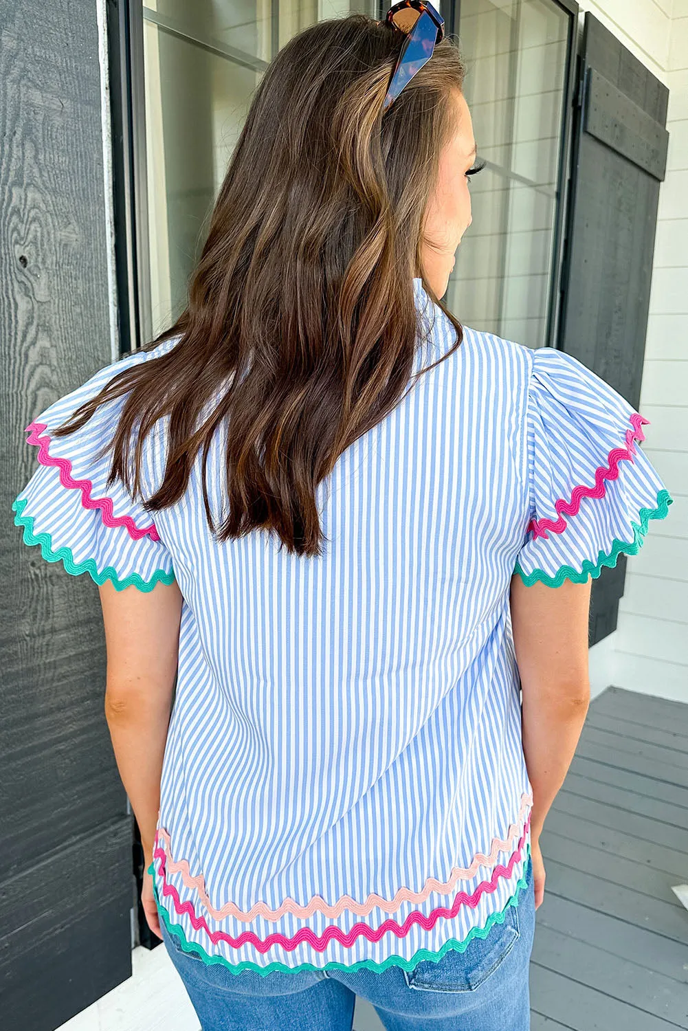 Sky Blue Stripe Ricrac Trim Tiered Sleeve Notch V Neck Top