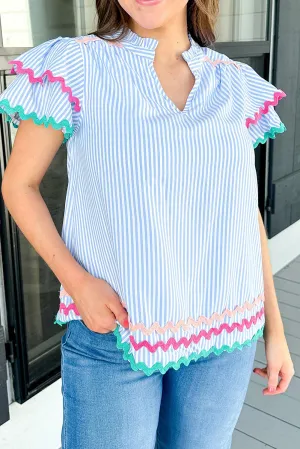 Sky Blue Stripe Ricrac Trim Tiered Sleeve Notch V Neck Top