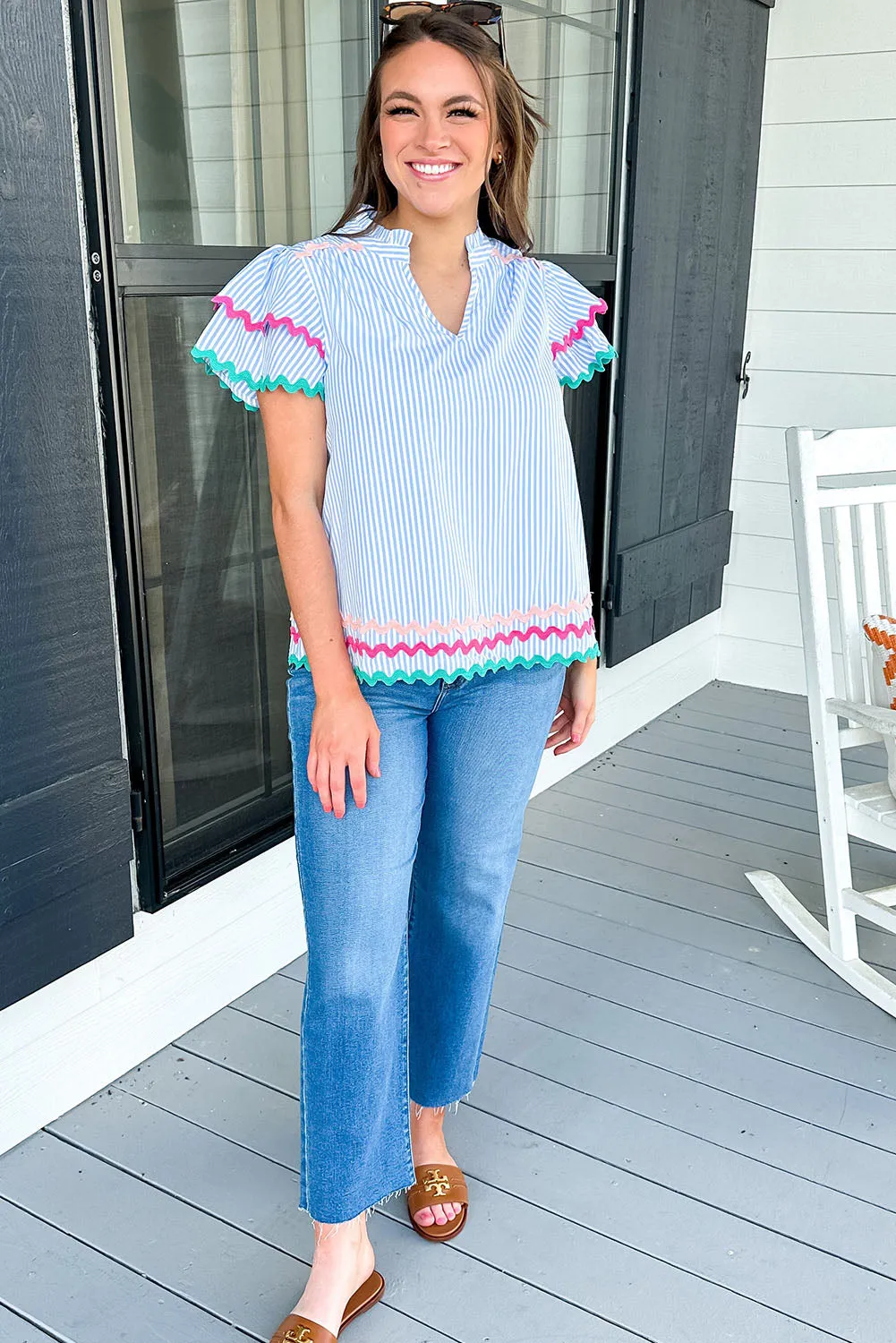 Sky Blue Stripe Ricrac Trim Tiered Sleeve Notch V Neck Top