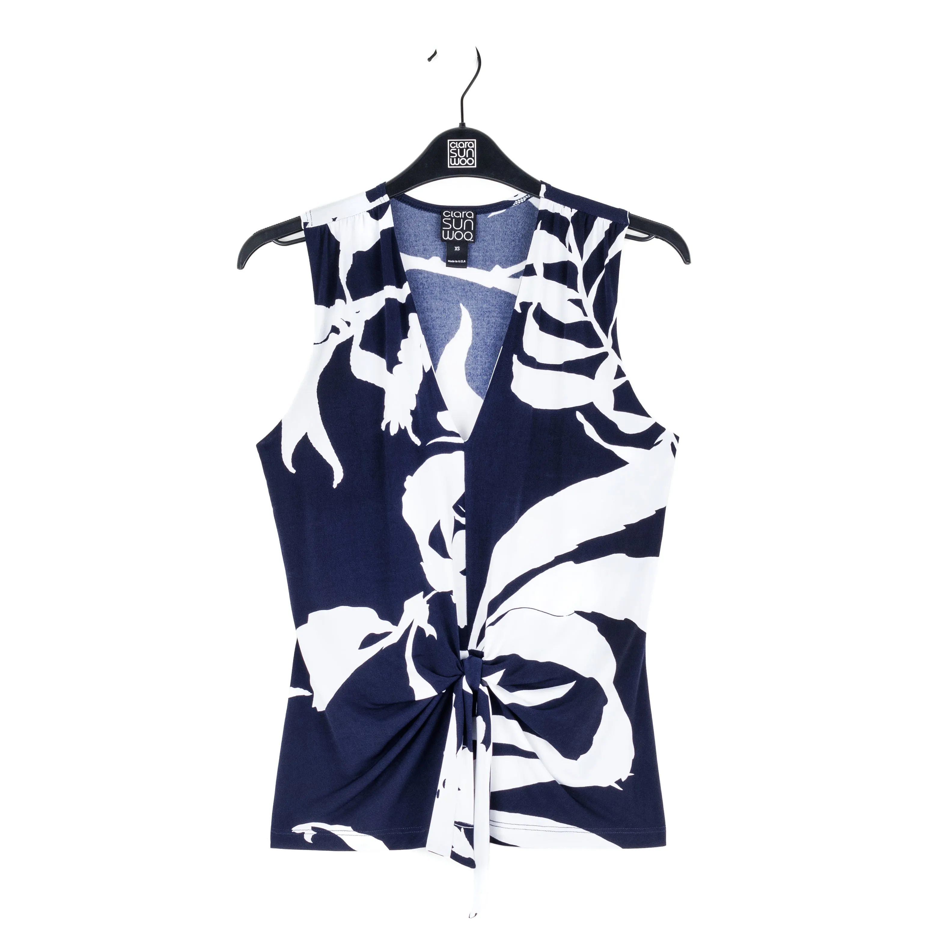 Sleeveless V-Neck Center Front Tie Top - Abstract Branch