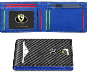Slim Genuine Leather Bifold Wallet For Men-Blue and Carbon Black