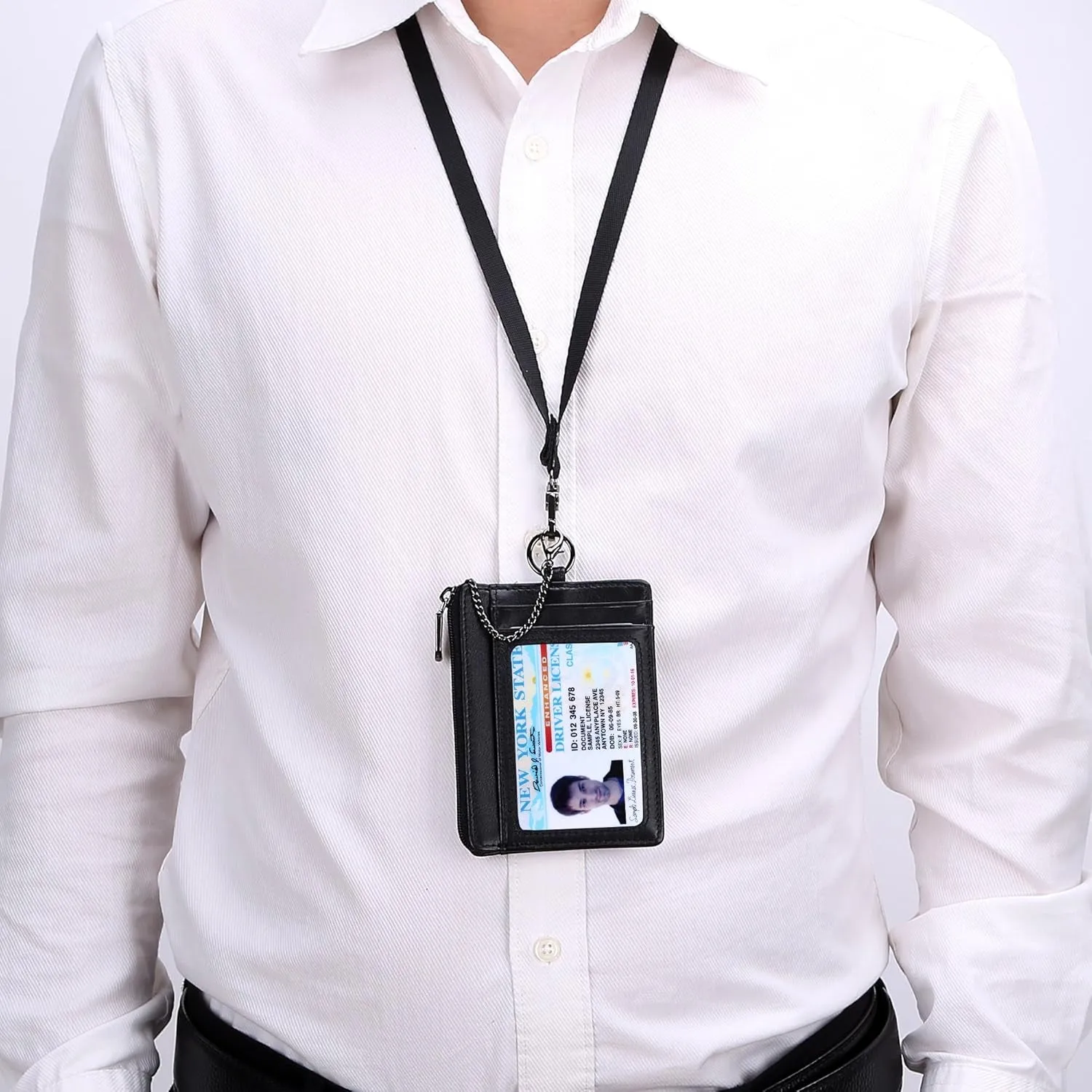 Slim Zipper Front Pocket Wallet With Keychain Ring & Lanyard Strap