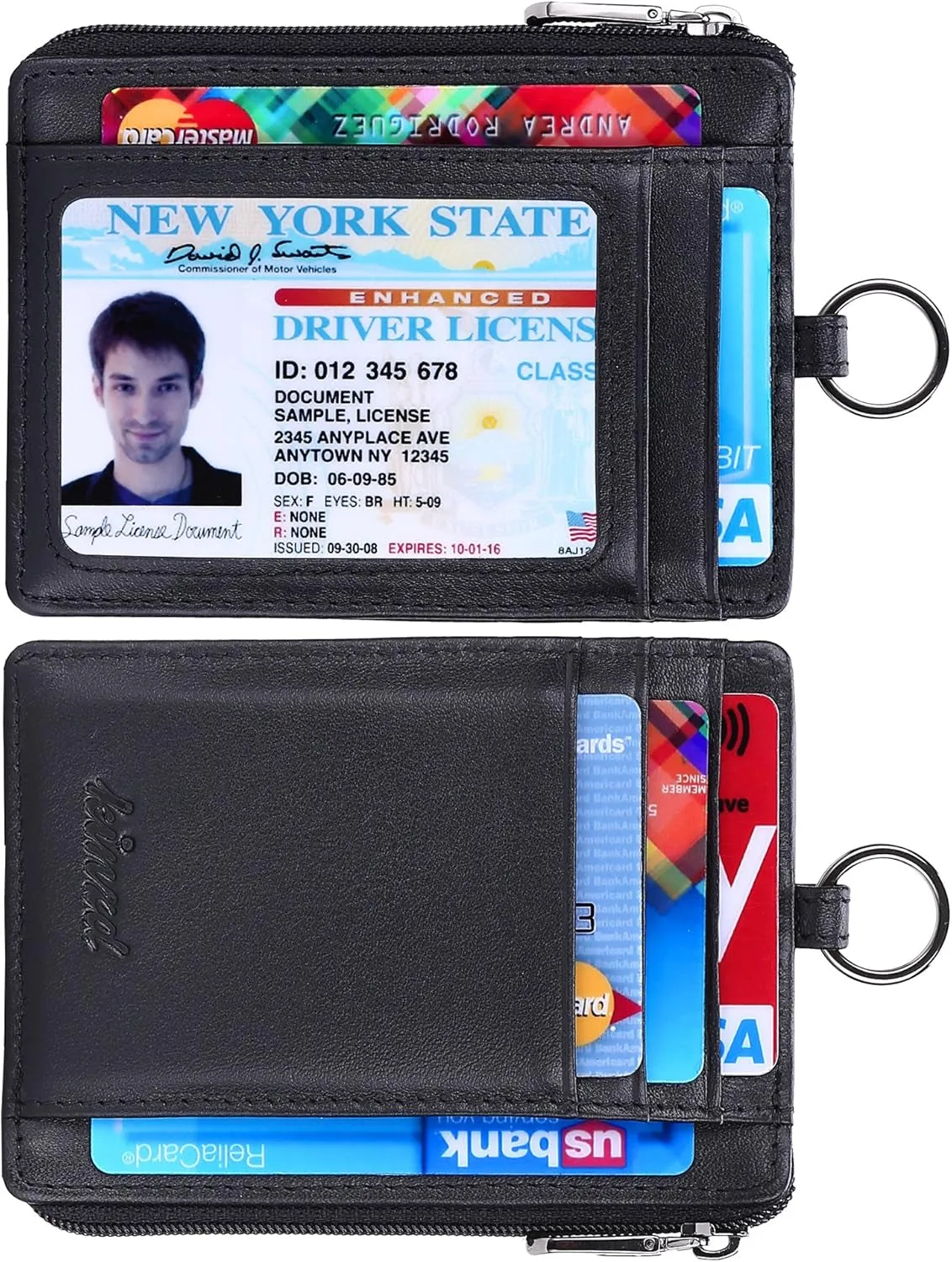 Slim Zipper Front Pocket Wallet With Keychain Ring & Lanyard Strap