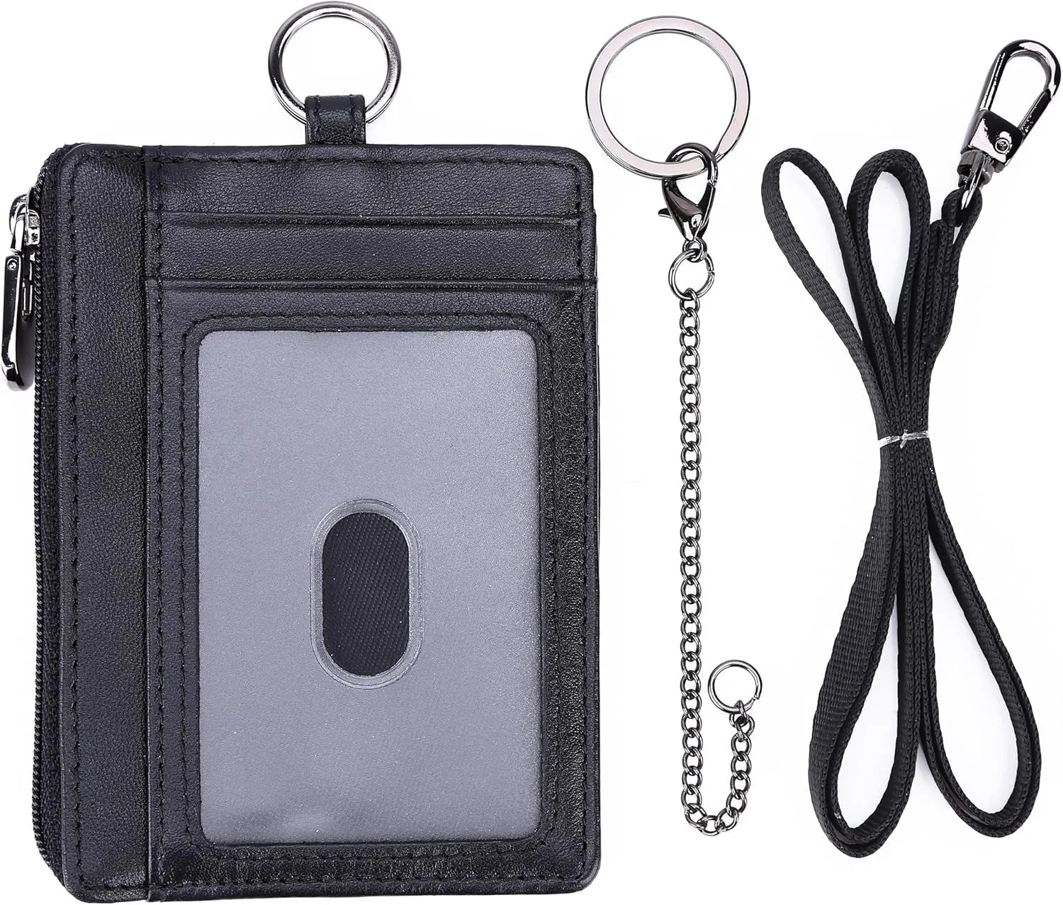Slim Zipper Front Pocket Wallet With Keychain Ring & Lanyard Strap