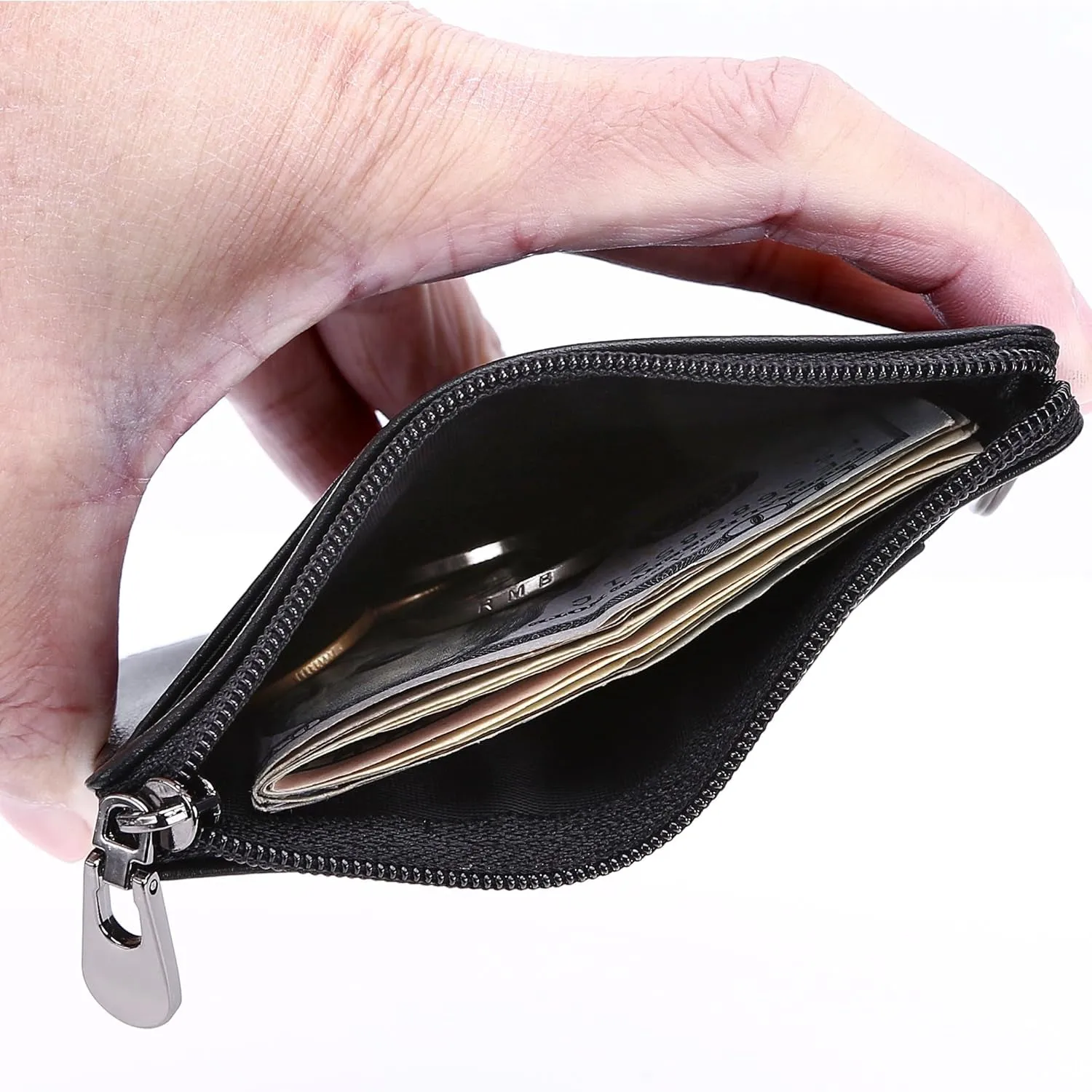 Slim Zipper Front Pocket Wallet With Keychain Ring & Lanyard Strap