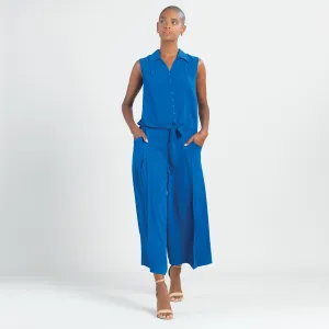Soft Textured Rayon - Sleeveless Button Down Tie Hem Top - Cobalt