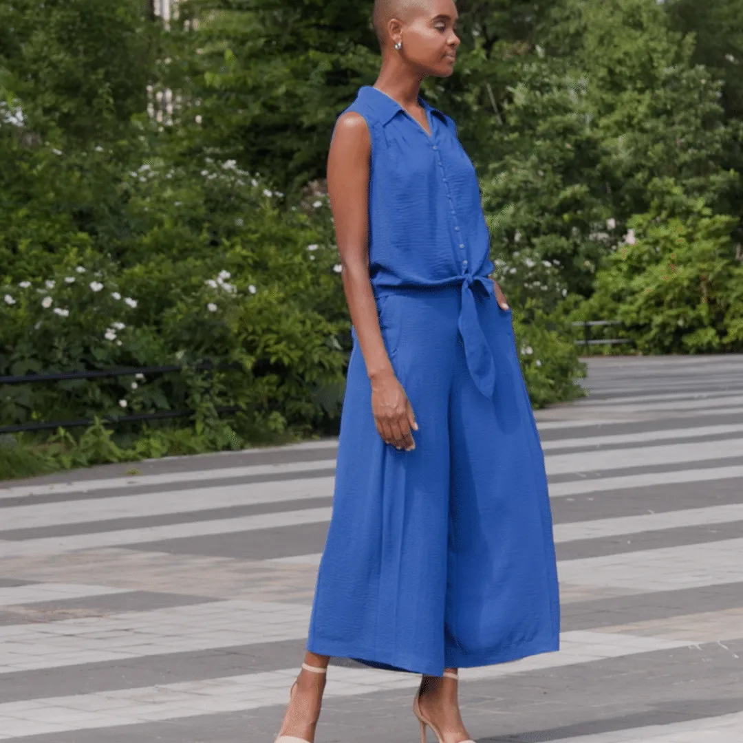 Soft Textured Rayon - Sleeveless Button Down Tie Hem Top - Cobalt