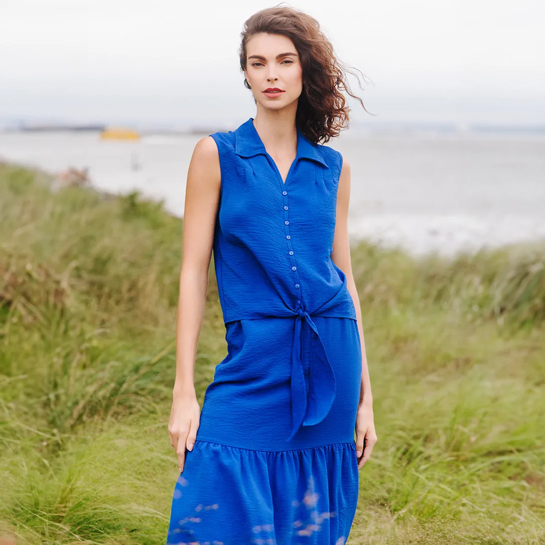 Soft Textured Rayon - Sleeveless Button Down Tie Hem Top - Cobalt