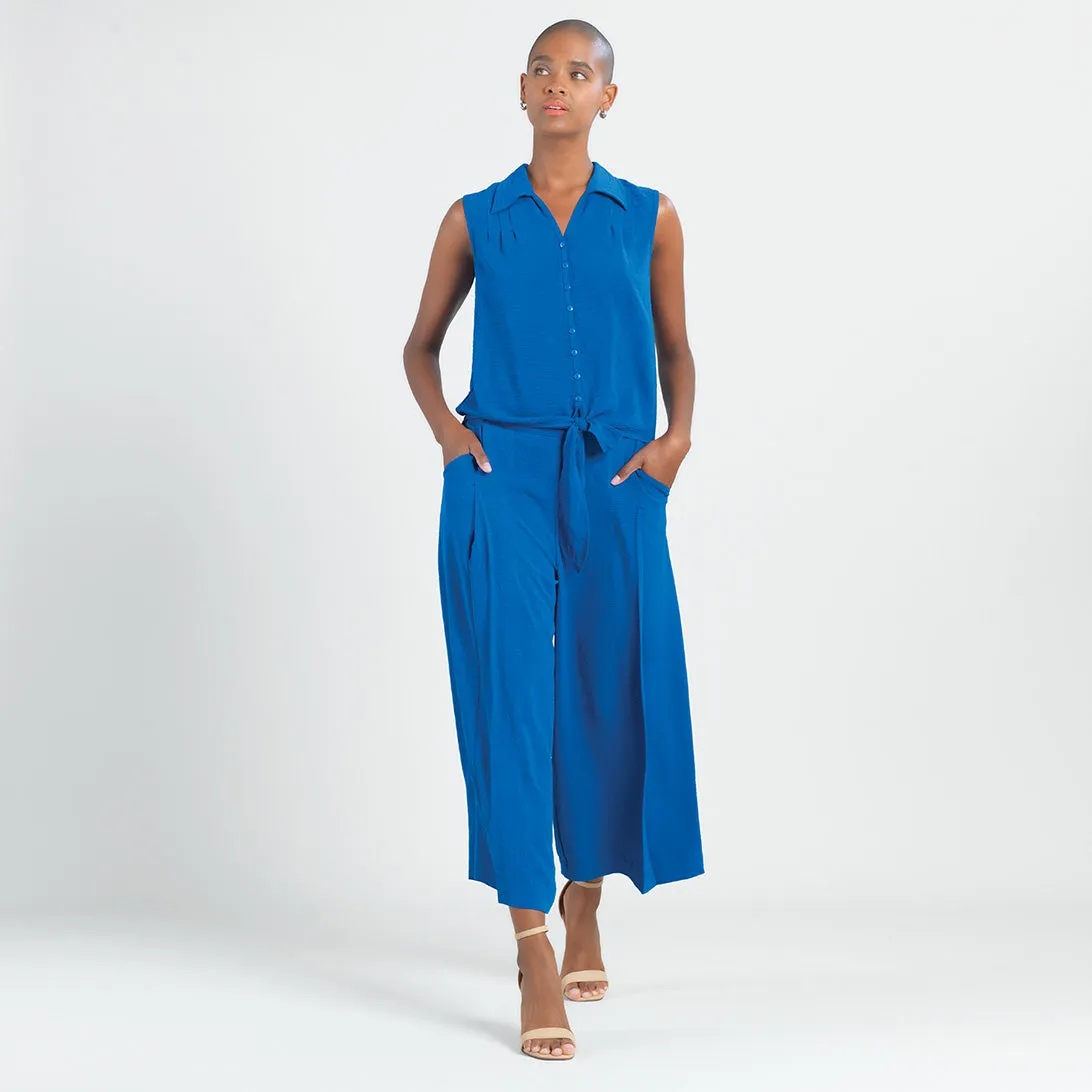 Soft Textured Rayon - Sleeveless Button Down Tie Hem Top - Cobalt