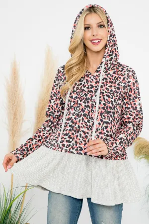 Solid Hem Leopard Hoodie Top