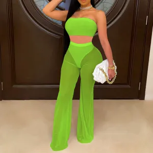 Solid Off Shoulder Tube Top & Sheer Mesh Pants Set