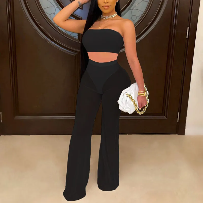 Solid Off Shoulder Tube Top & Sheer Mesh Pants Set
