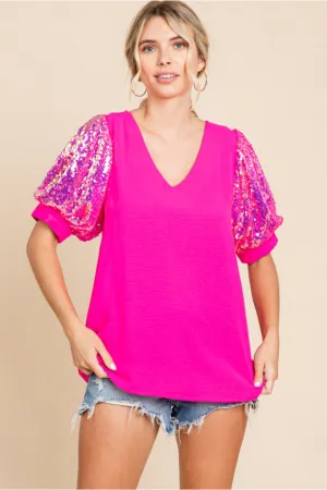Solid Top W/V-Neck, Short Puffed Sleeves Featuring Sequins