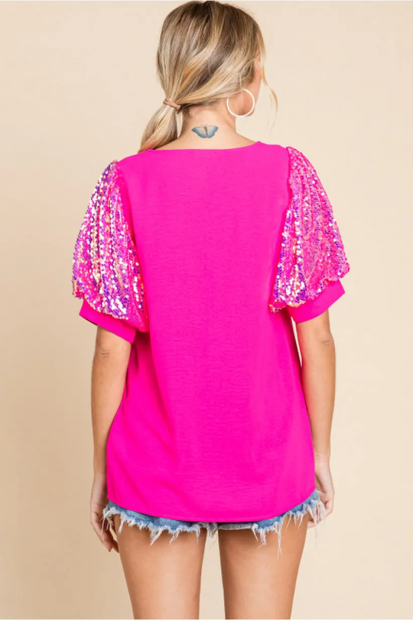 Solid Top W/V-Neck, Short Puffed Sleeves Featuring Sequins