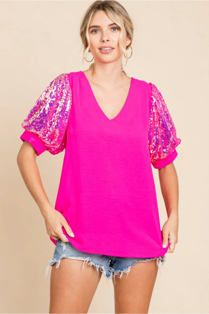 Solid Top W/V-Neck, Short Puffed Sleeves Featuring Sequins