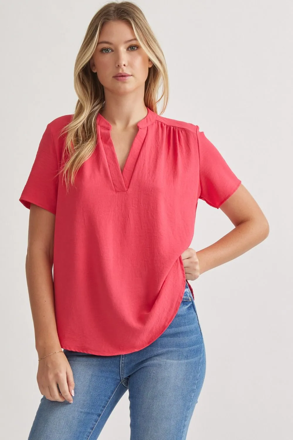 Solid V-Neck Placket Top
