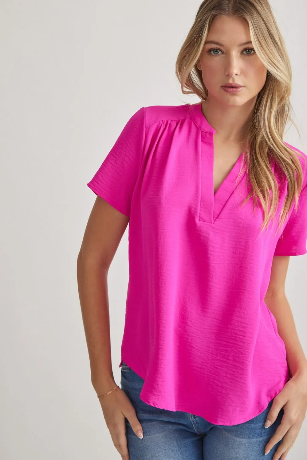 Solid V-Neck Placket Top