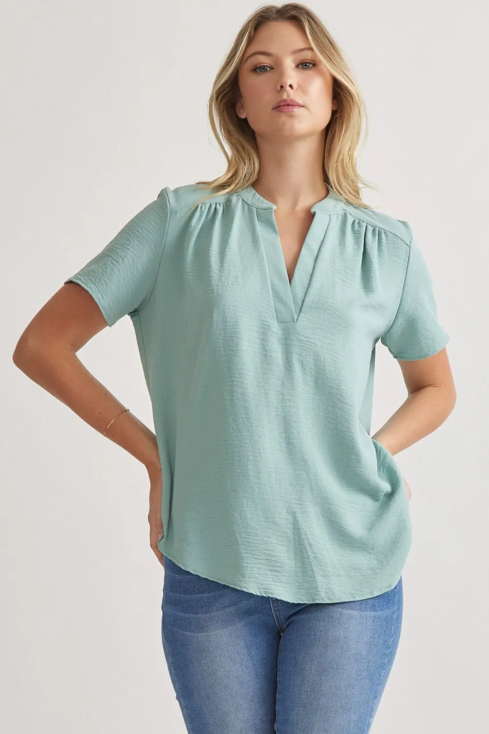 Solid V-Neck Placket Top