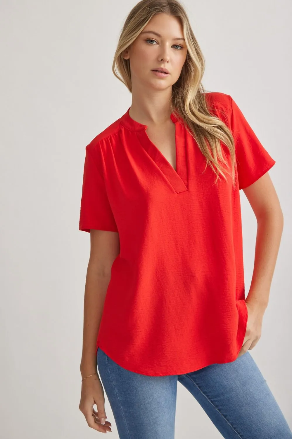 Solid V-Neck Placket Top