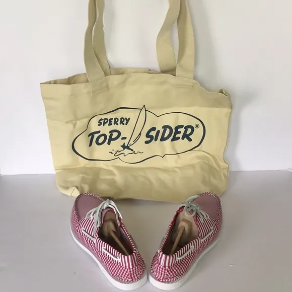 Sperry Leather 3-Eye Boat Shoe Red Gingham  7.5