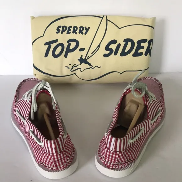 Sperry Leather 3-Eye Boat Shoe Red Gingham  7.5