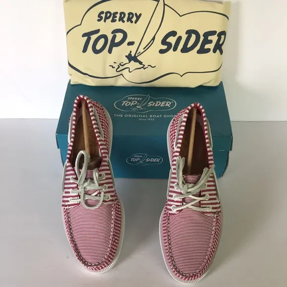 Sperry Leather 3-Eye Boat Shoe Red Gingham  7.5