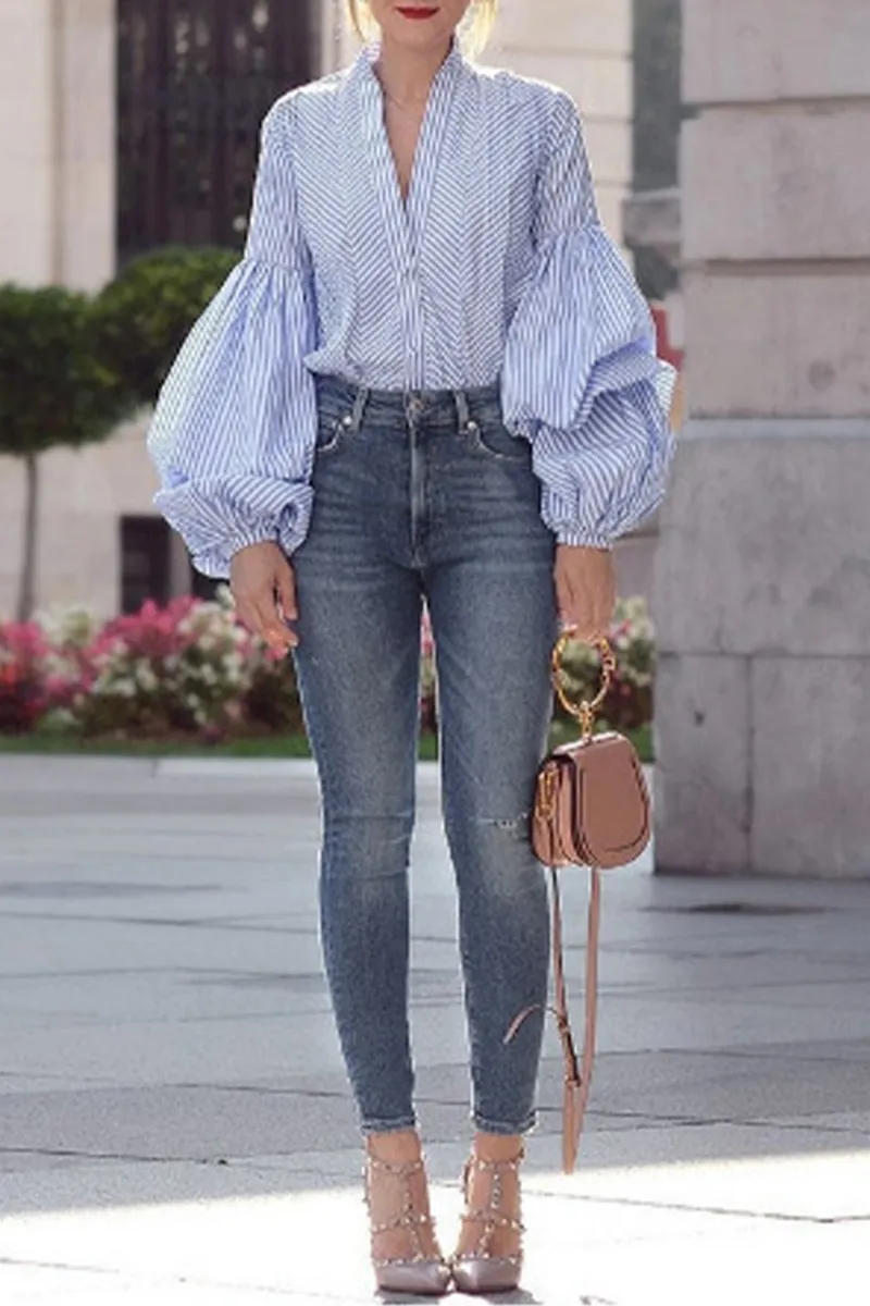 Sportswear Striped Patchwork V Neck Tops