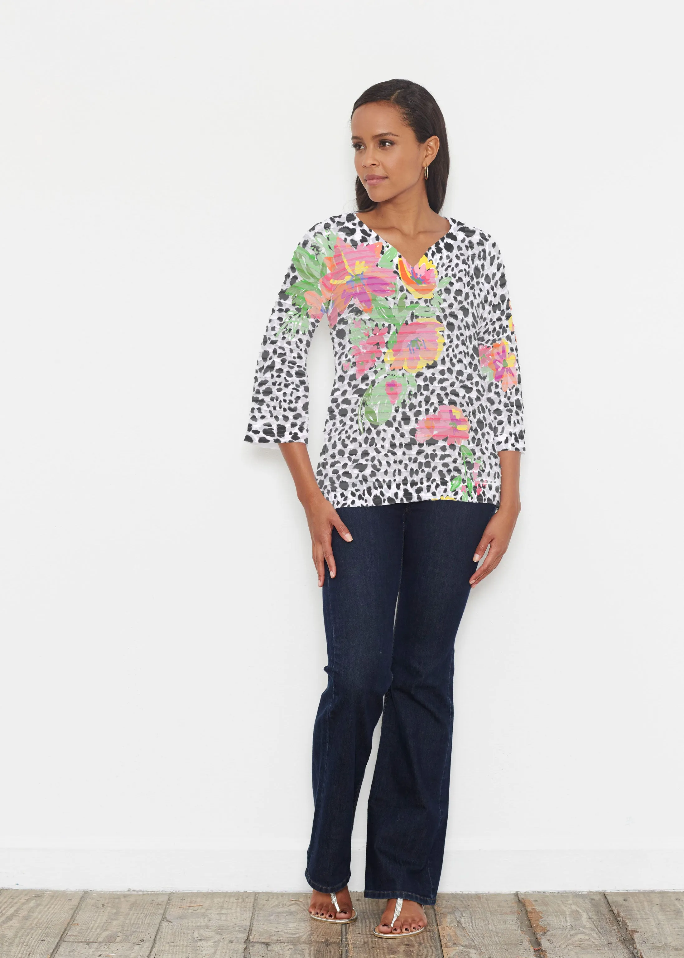Spring Leopard (14225) ~ Banded 3/4 Bell-Sleeve V-Neck Tunic