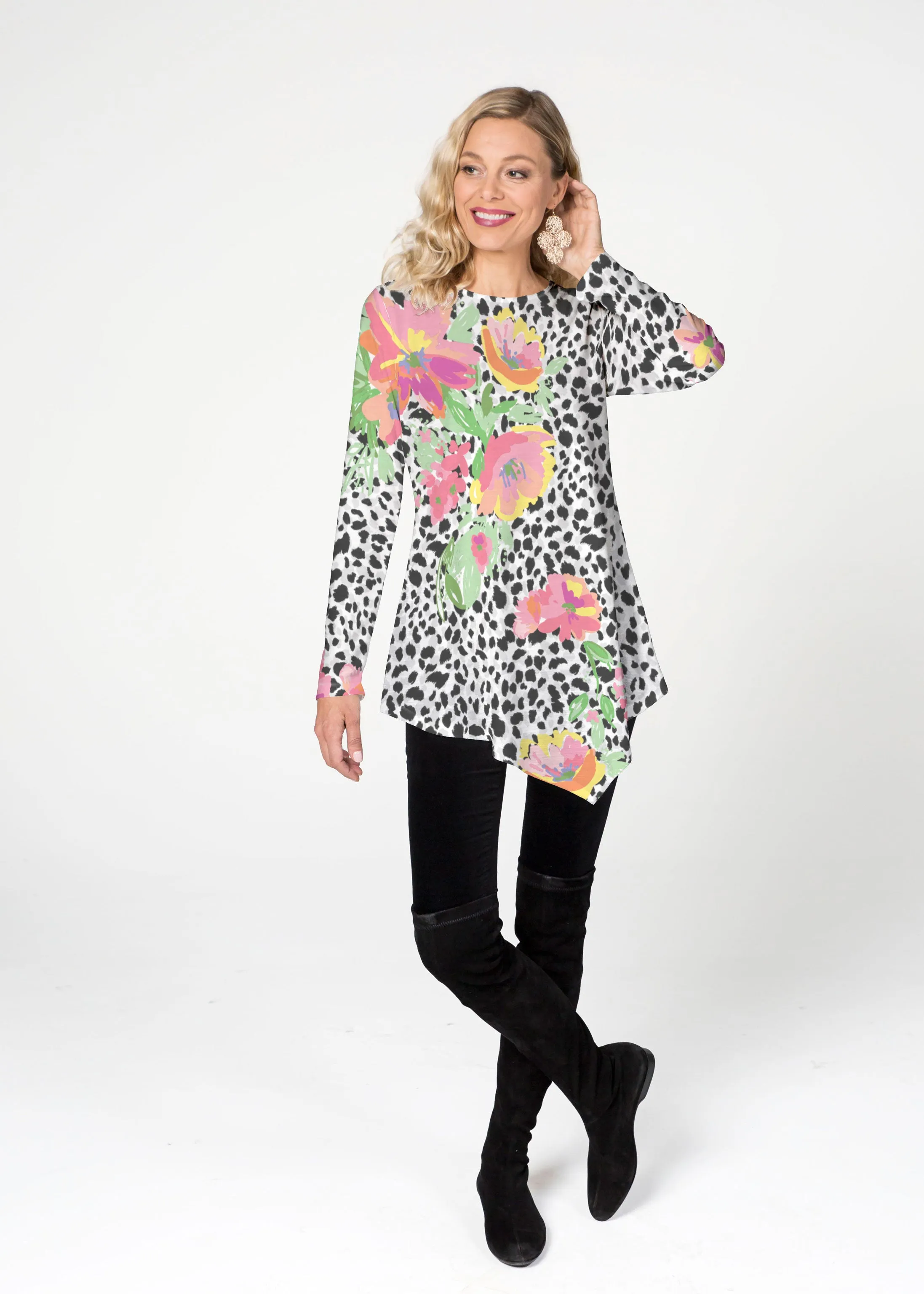 Spring Leopard Floral (14225) ~ Asymmetrical French Terry Tunic