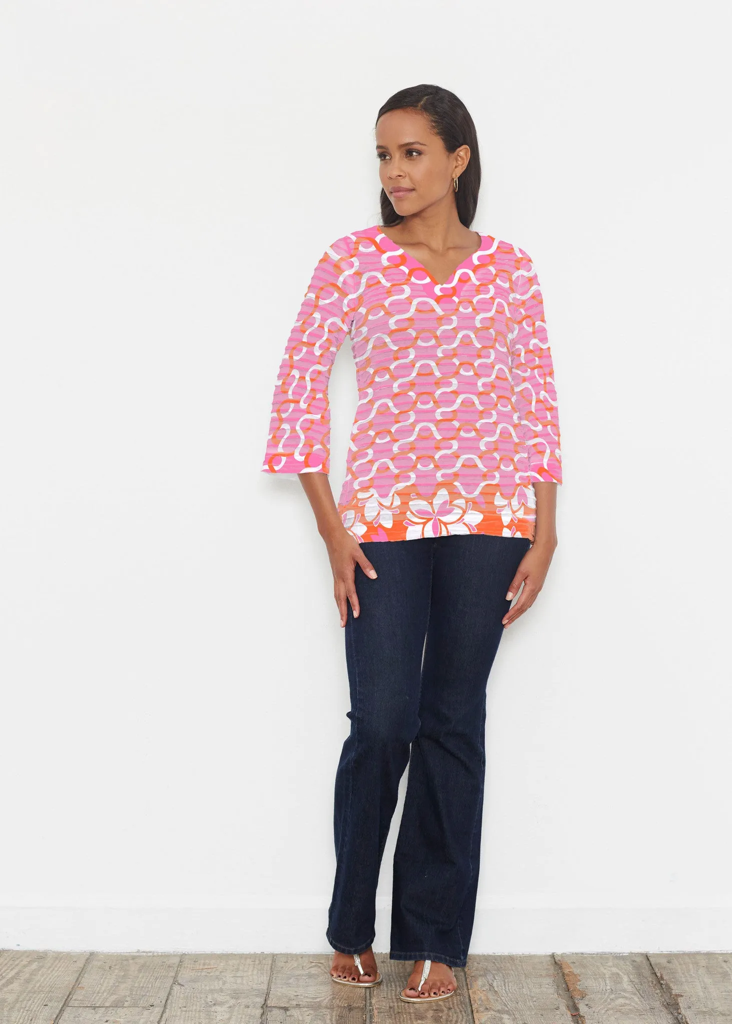 Squiggles Pink (20341) ~ Banded 3/4 Bell-Sleeve V-Neck Tunic