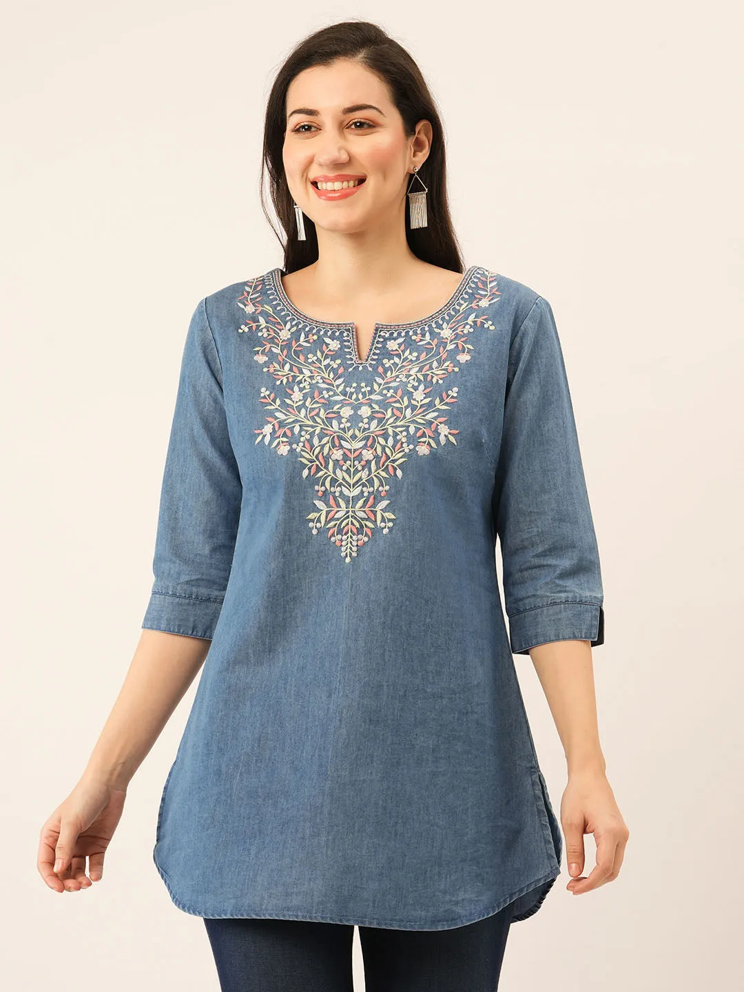 Stone Round Neck Straight Denim Tunic for Women Online - Zola