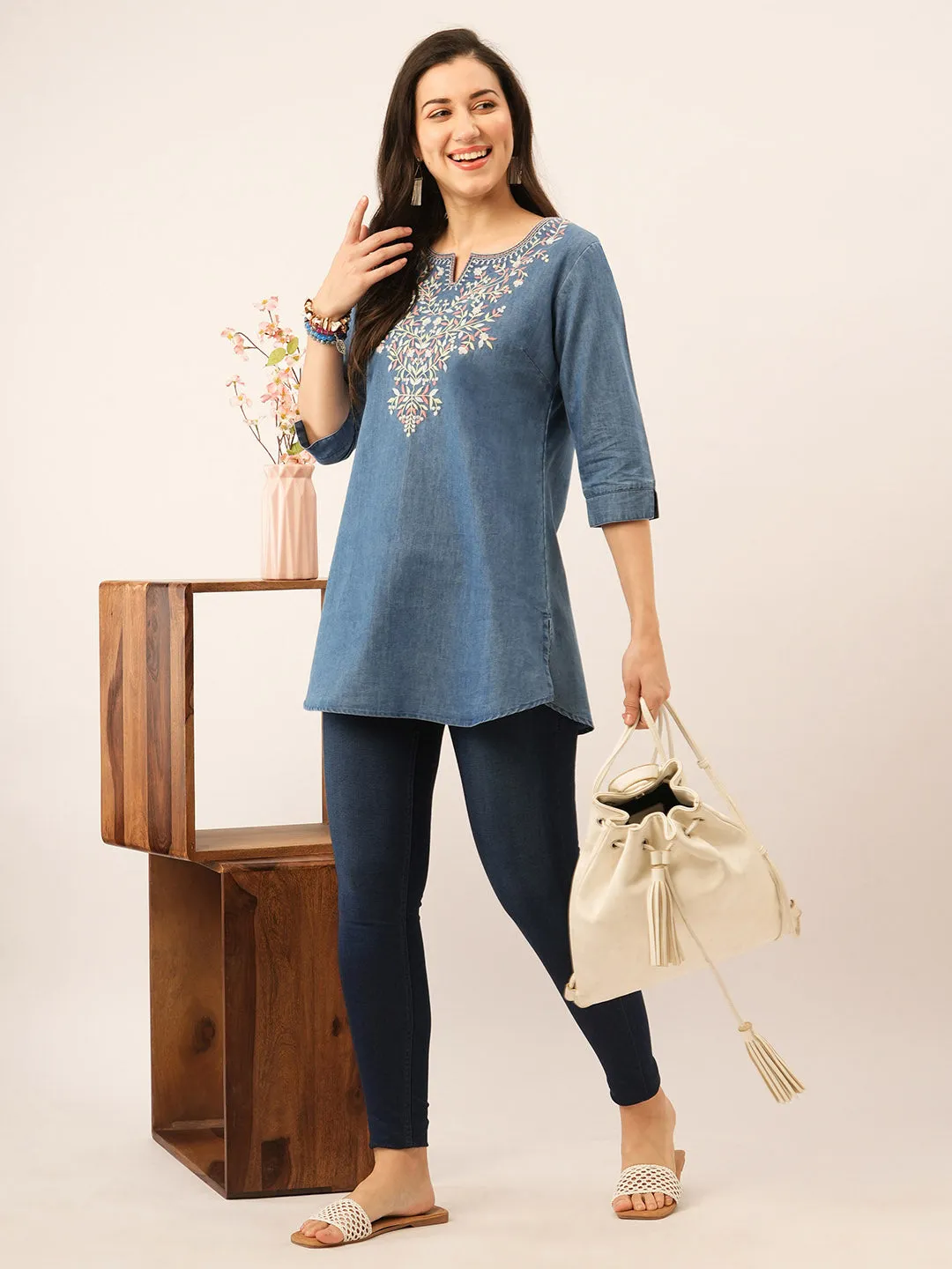 Stone Round Neck Straight Denim Tunic for Women Online - Zola