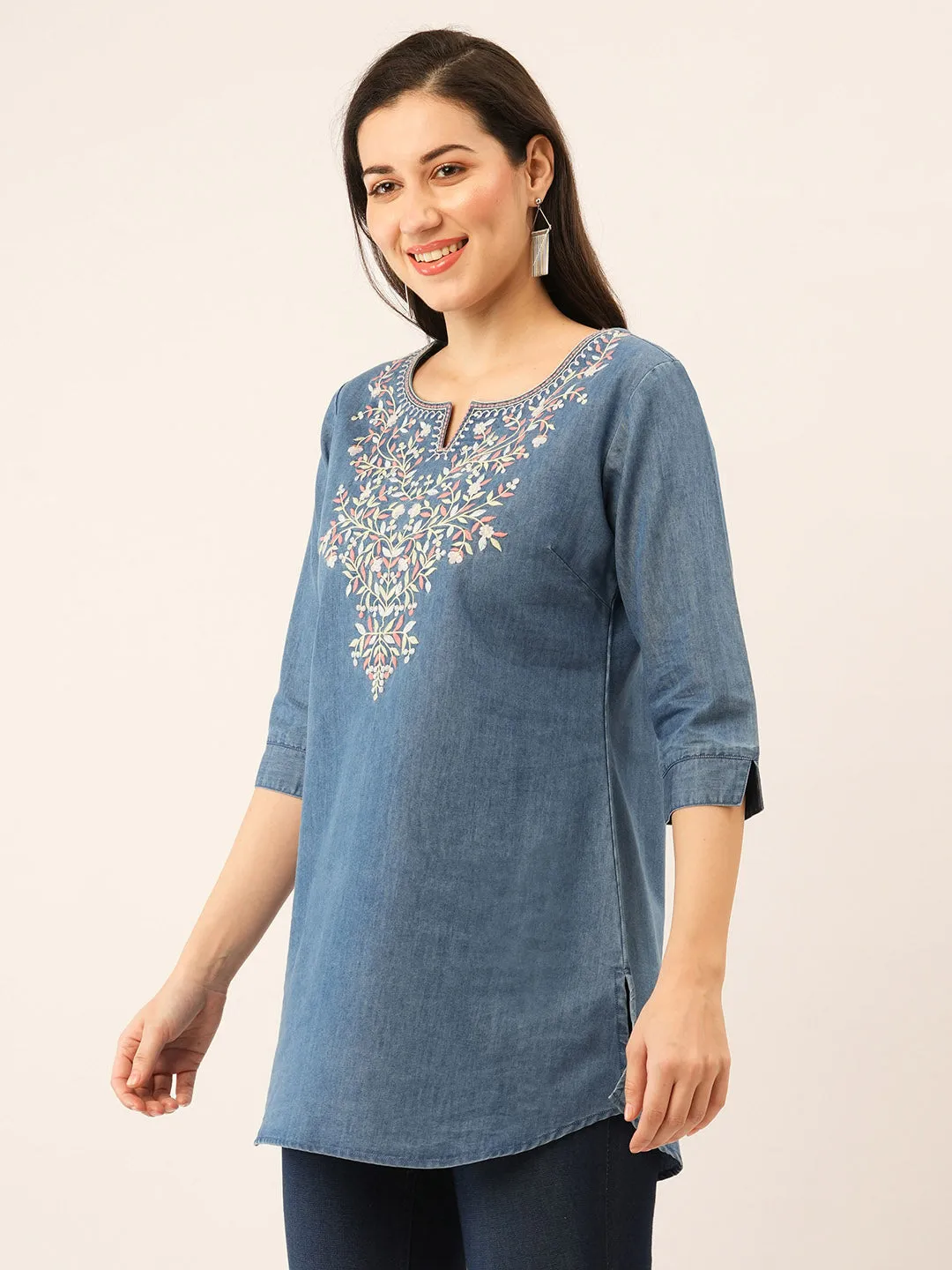 Stone Round Neck Straight Denim Tunic for Women Online - Zola
