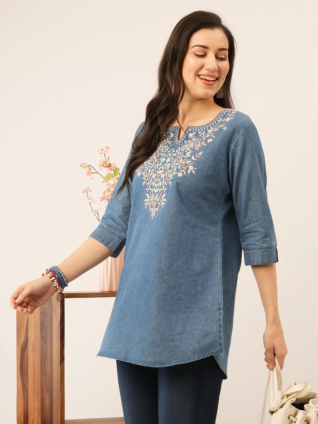 Stone Round Neck Straight Denim Tunic for Women Online - Zola